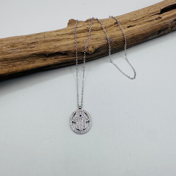 Hamsa Sterling Silver CZ Necklace-Protection Jewelry - Picture 5 of 7